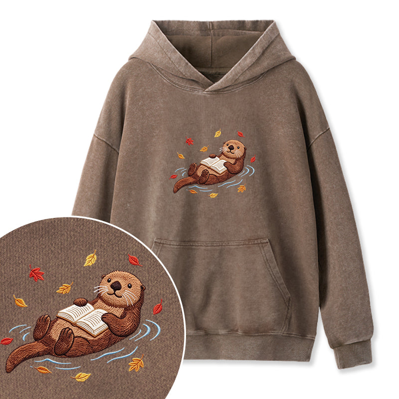 Embroidered Otter Reading Book Washed Hoodie