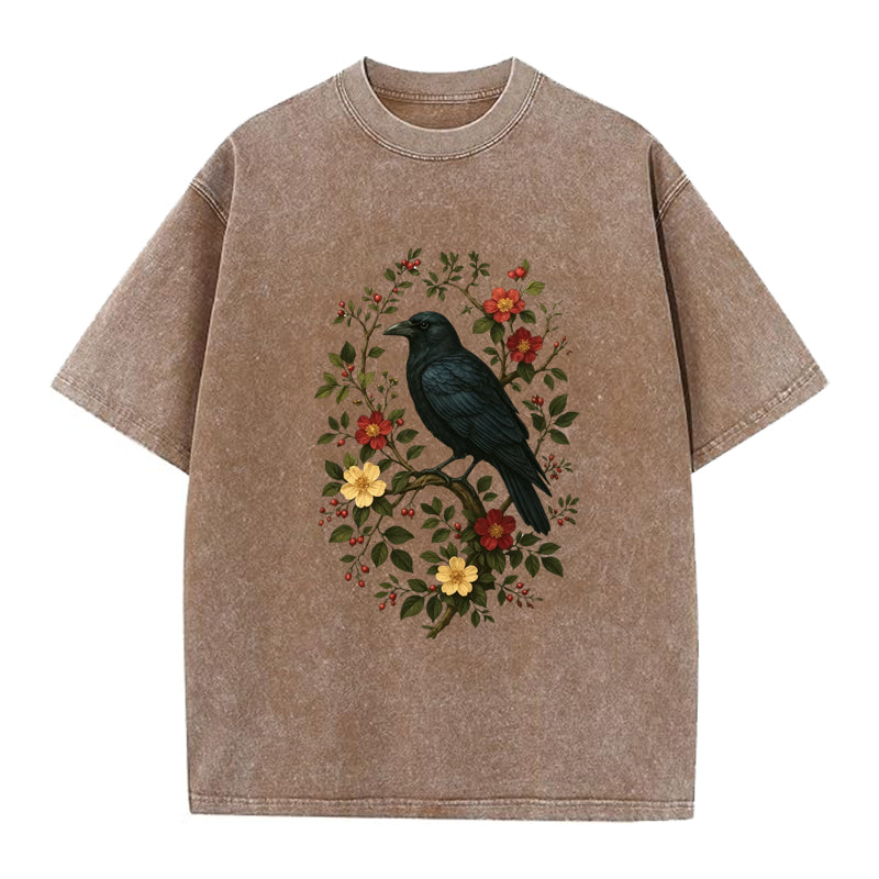 Gothic Cottagecore Raven Washed Crew Neck T-Shirt