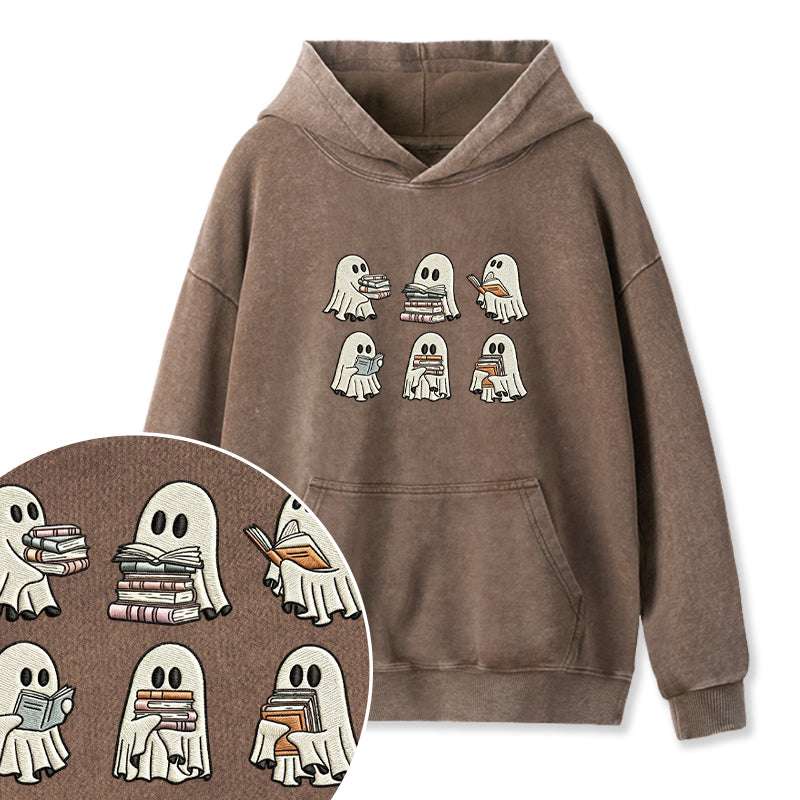 Embroidered Halloween Ghost Book Washed Hoodie