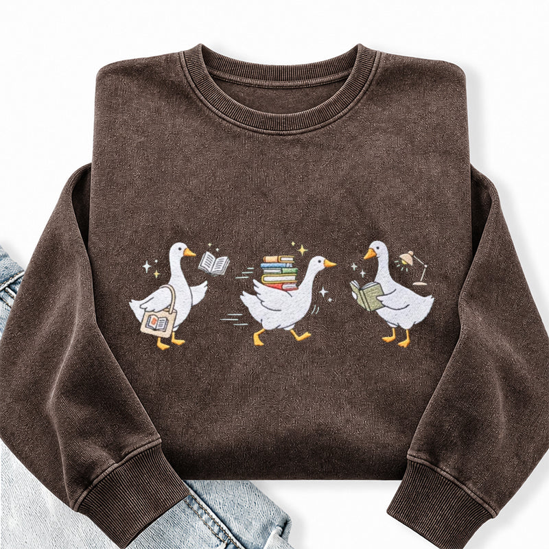 Embroidered Bookish Goose Washed Crewneck Sweatshirt