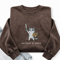 Embroidered We Read At Dawn Cat Washed Crewneck Sweatshirt