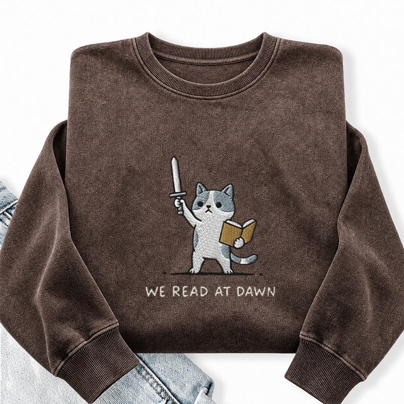 Embroidered We Read At Dawn Cat Washed Crewneck Sweatshirt