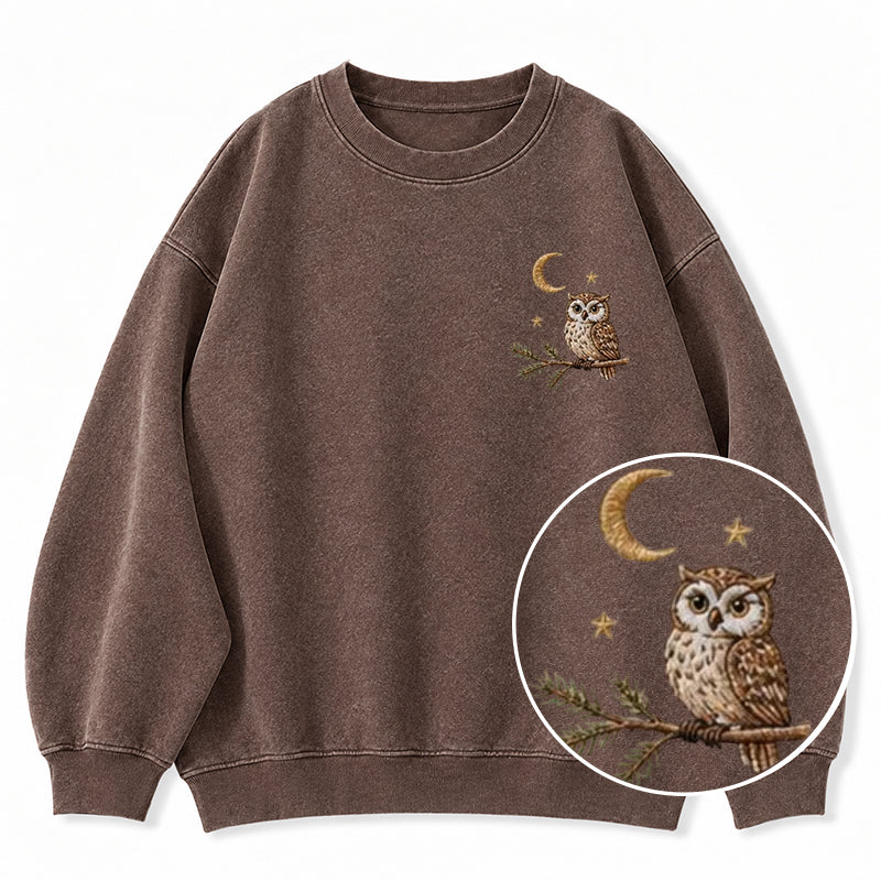 Embroidered Night Owl Washed Crewneck Sweatshirt