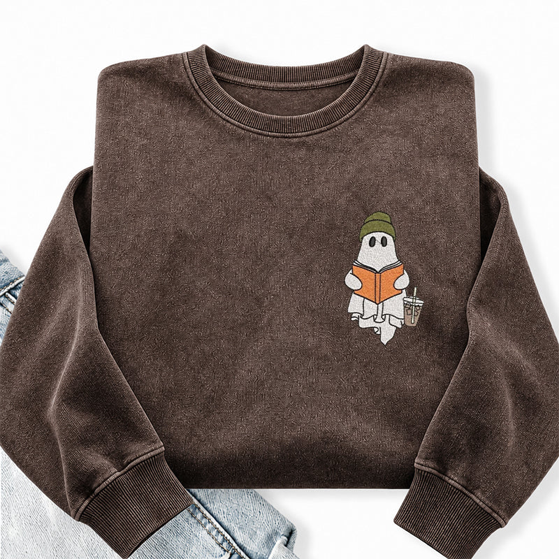 Embroidered Cute Ghost Reading Washed Crewneck Sweatshirt