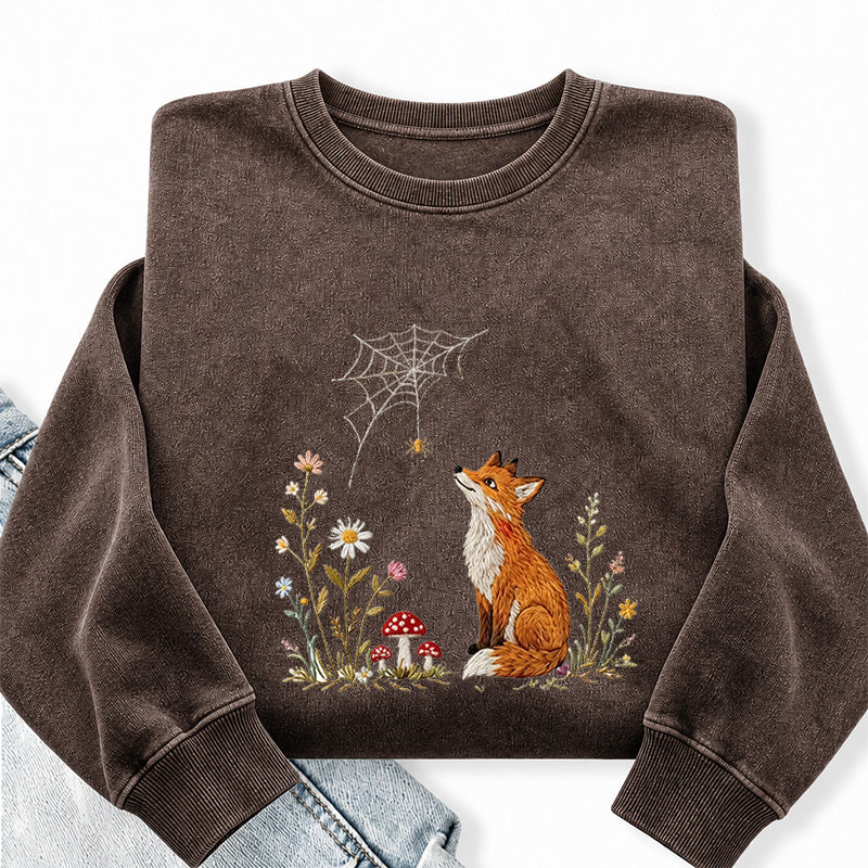 Embroidered Fox Cottagecore Washed Crewneck Sweatshirt