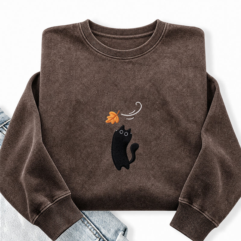 Embroidered Black Cats Fall Washed Crewneck Sweatshirt