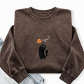 Embroidered Black Cats Fall Washed Crewneck Sweatshirt