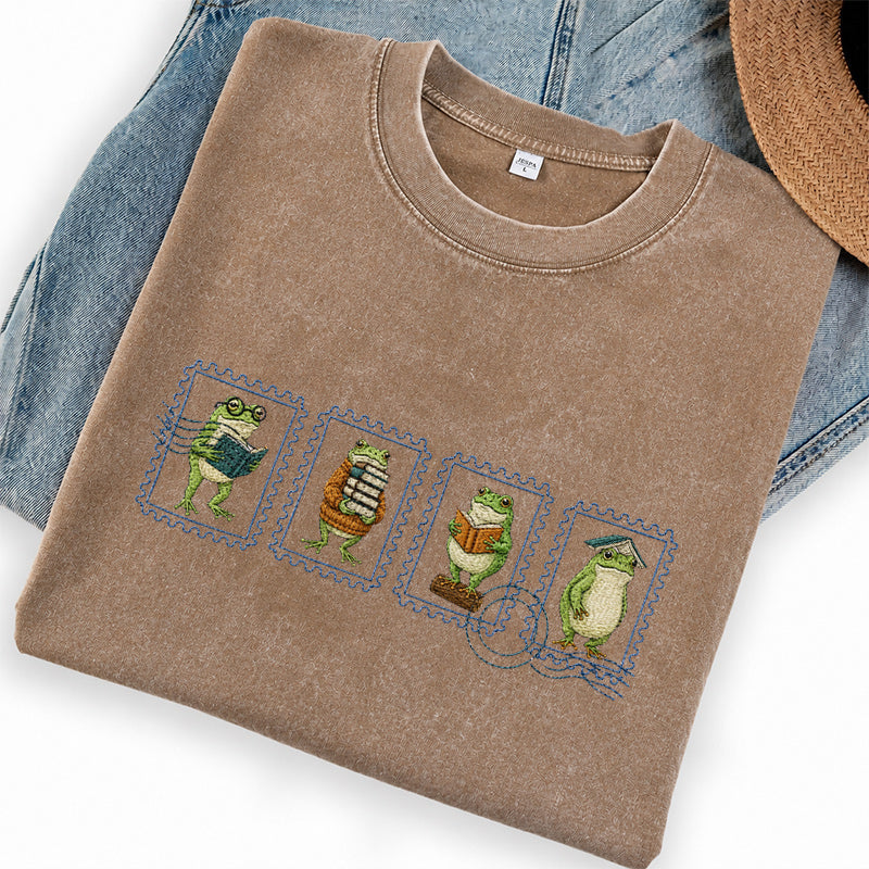 Embroidered Bookish Frog Stamp Washed Crew Neck T-Shirt