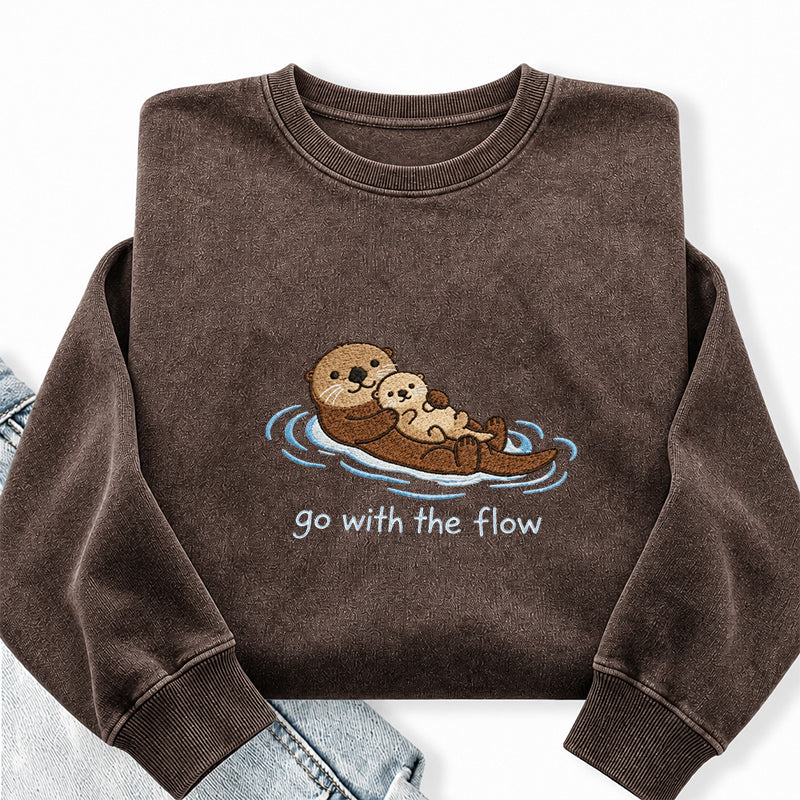 Embroidered Go With The Flow Otter Washed Crewneck Sweatshirt