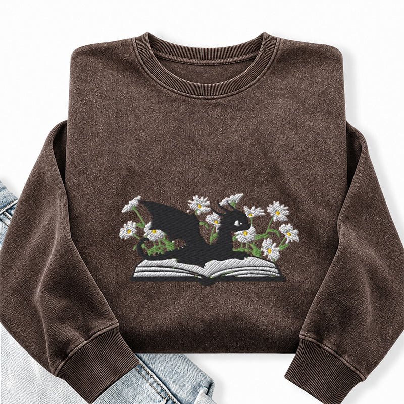 Embroidered Floral Dragon Book Washed Crewneck Sweatshirt