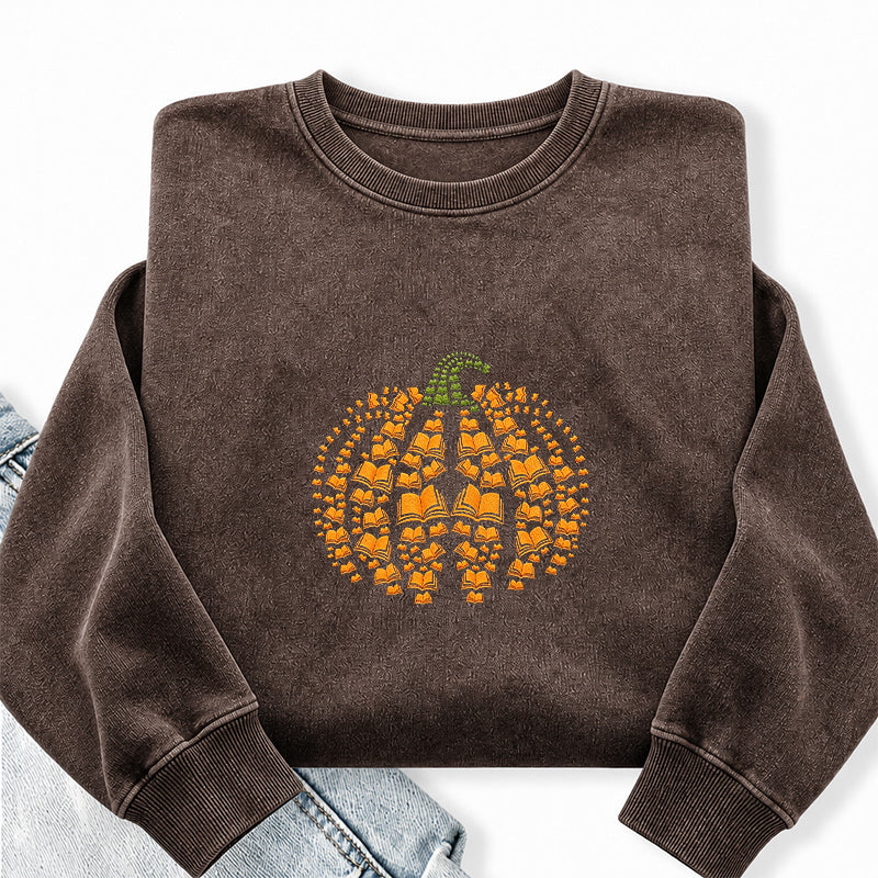 Embroidered Book Pumpkin Washed Crewneck Sweatshirt