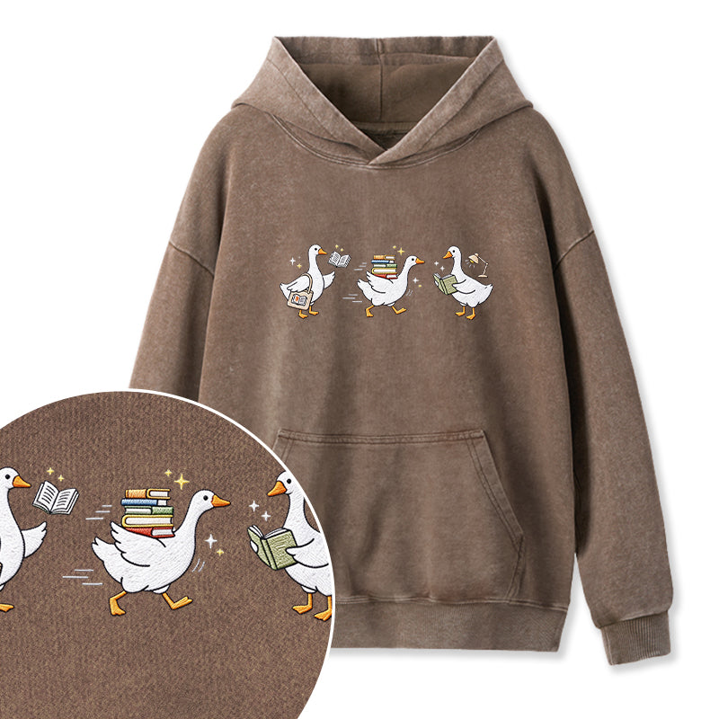 Embroidered Goose Reading Books Washed Hoodie