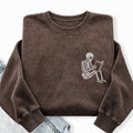 Embroidered Reading Skeleton Washed Crewneck Sweatshirt