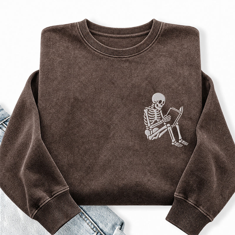 Embroidered Reading Skeleton Washed Crewneck Sweatshirt