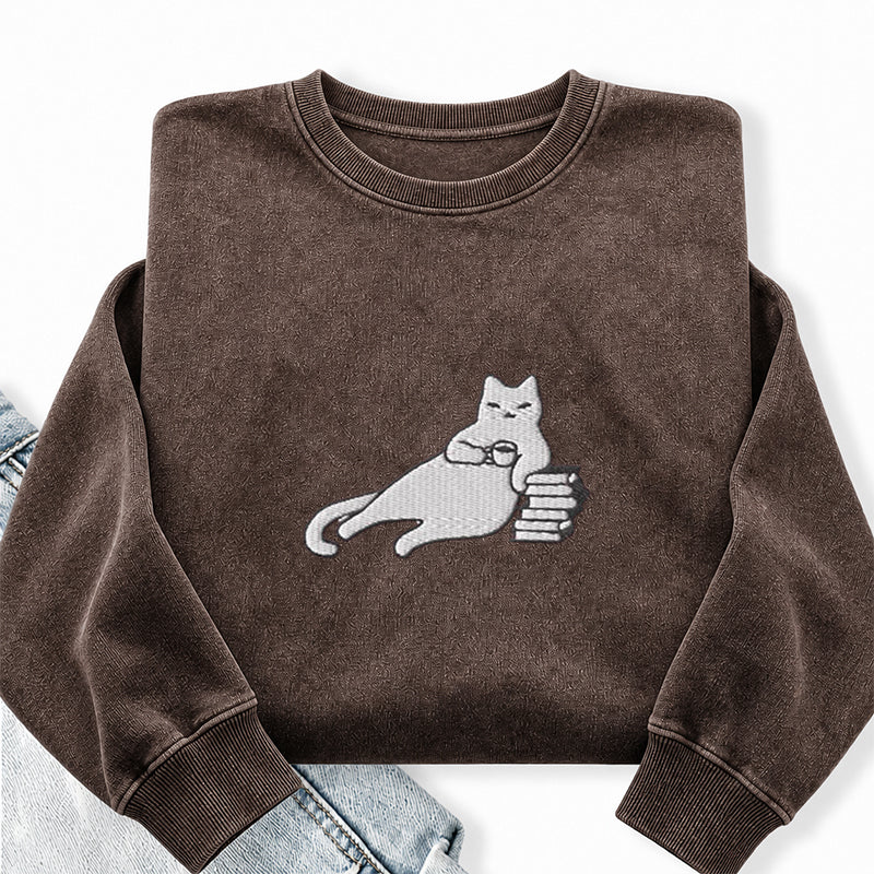 Embroidered Bookish Cat Drinking Coffee Washed Crewneck Sweatshirt