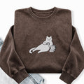 Embroidered Bookish Cat Drinking Coffee Washed Crewneck Sweatshirt