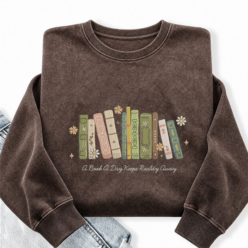 Embroidered A Book A Day Washed Crewneck Sweatshirt