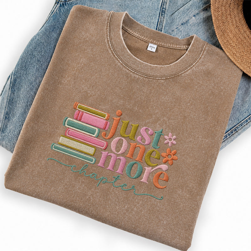 Embroidered Just One More Chapter Washed Crew Neck T-Shirt