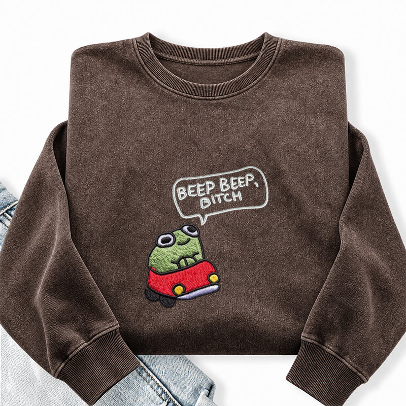 Embroidered Funny Cottagecore Frog Washed Crewneck Sweatshirt