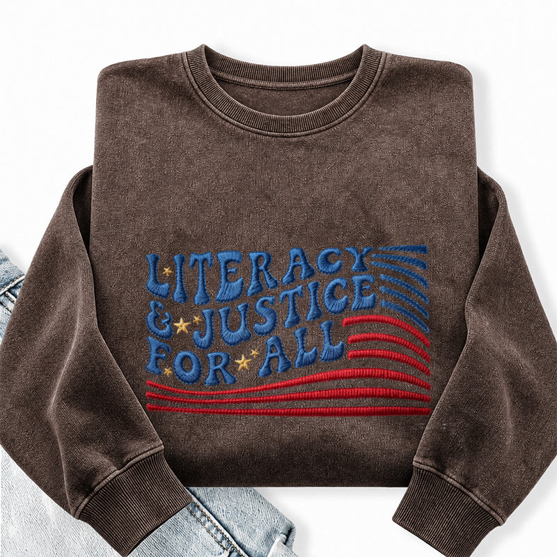 Embroidered Literacy And Justice For All Washed Crewneck Sweatshirt