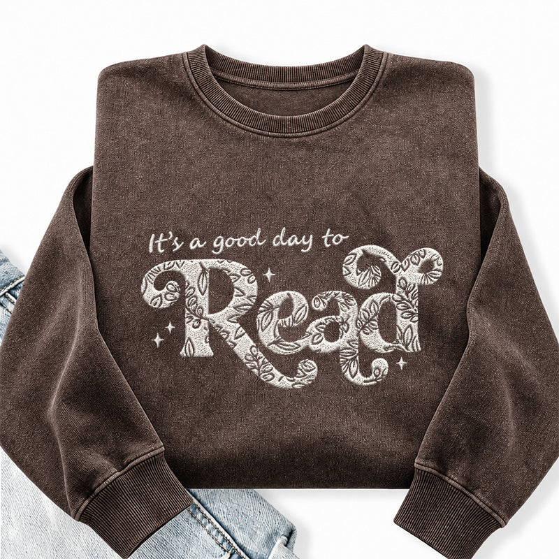 Embroidered Floral A Good Day To Read Washed Crewneck Sweatshirt