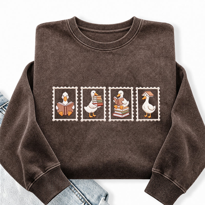 Embroidered Goose Reading Stamp Washed Crewneck Sweatshirt