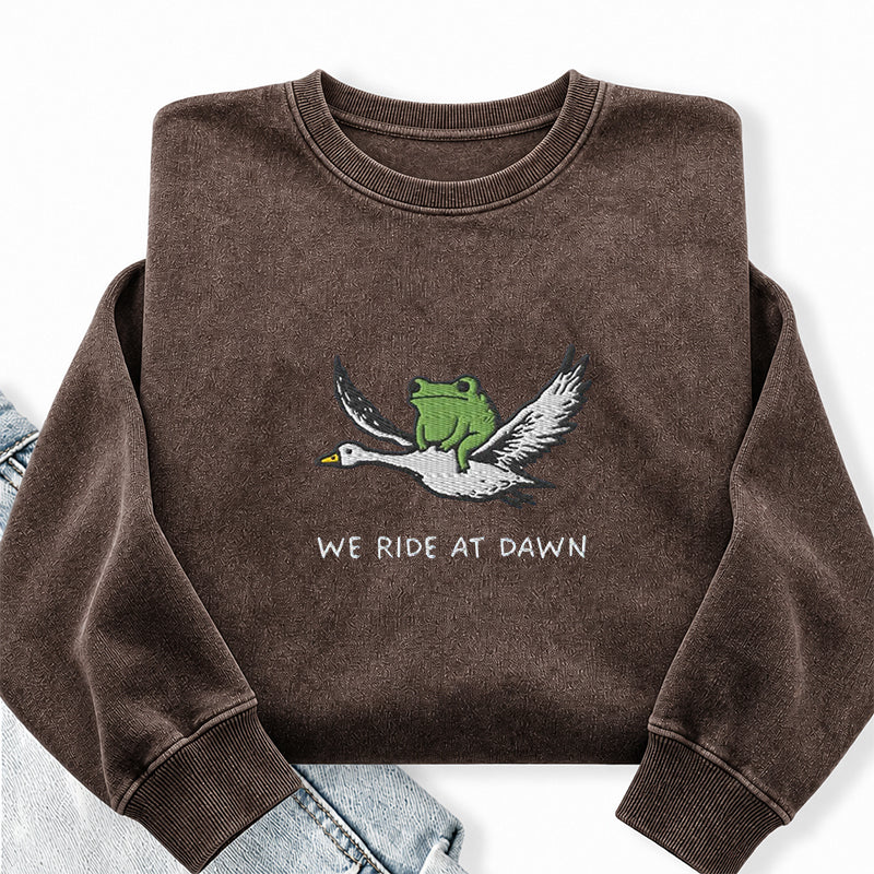 Embroidered We Ride At Dawn Frog Washed Crewneck Sweatshirt