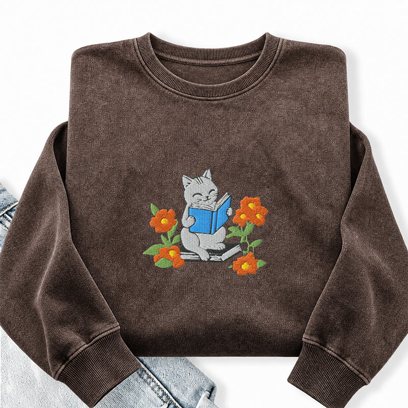 Embroidered Floral Bookish Cat Washed Crewneck Sweatshirt