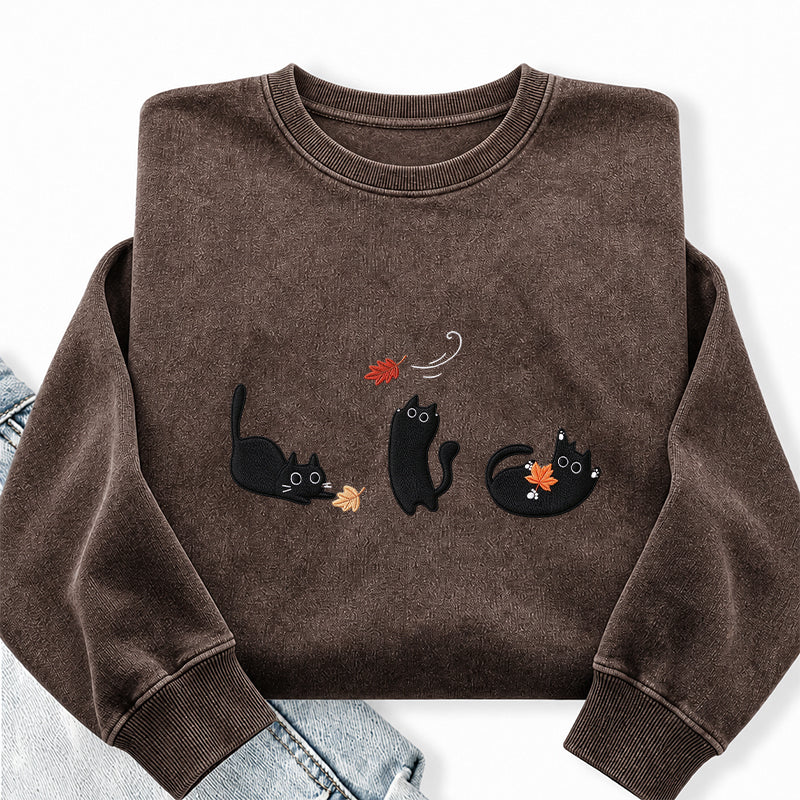 Embroidered Black Cats and Fall Leaves Washed Crewneck Sweatshirt