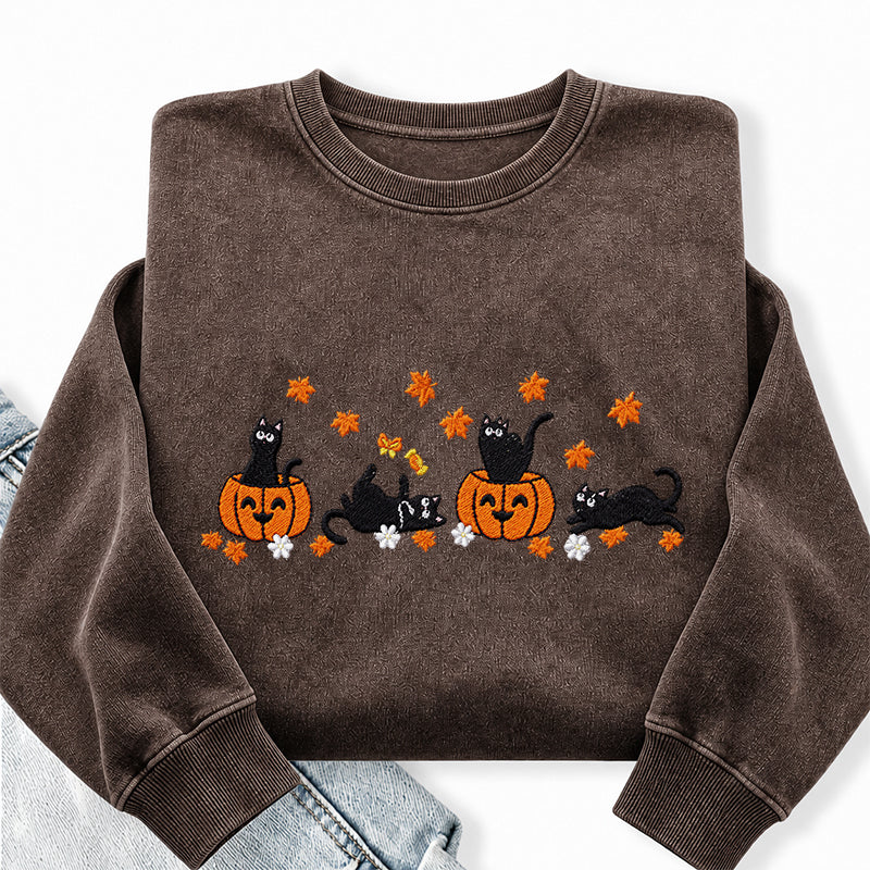 Embroidered Halloween Black Cat Washed Crewneck Sweatshirt