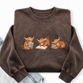 Embroidered Highland Cow Reading Washed Crewneck Sweatshirt