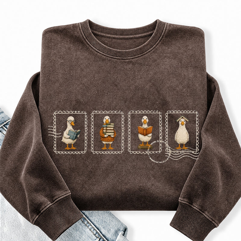 Embroidered Silly Goose Reading Washed Crewneck Sweatshirt