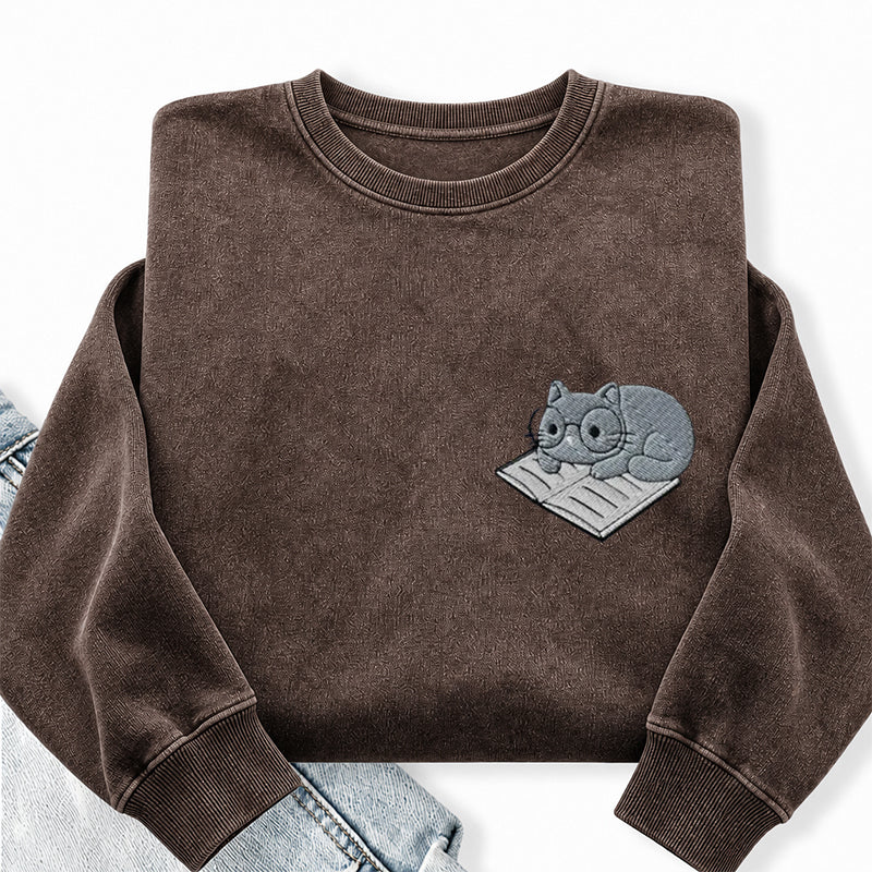 Embroidered Cat On Book Washed Crewneck Sweatshirt