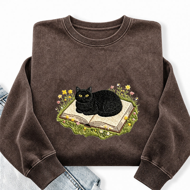 Embroidered Black Cat Book Washed Crewneck Sweatshirt