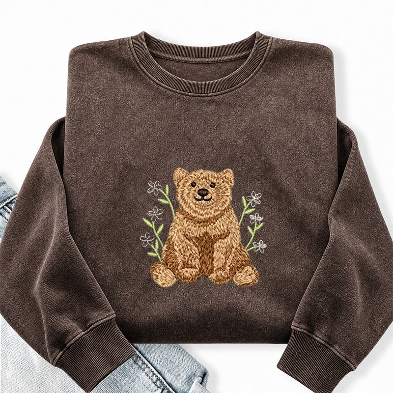 Embroidered Floral Bear Washed Crewneck Sweatshirt
