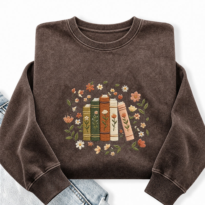 Embroidered Floral Book Stack Washed Crewneck Sweatshirt