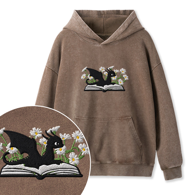 Embroidered Floral Dragon Book Washed Hoodie
