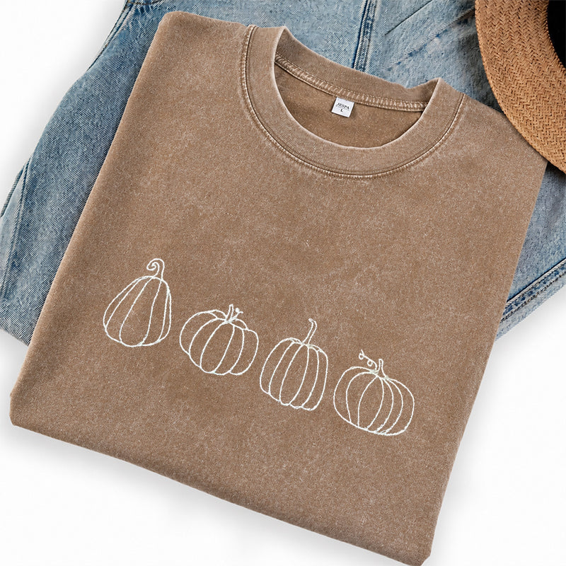 Embroidered Pumpkins Washed Crew Neck T-Shirt
