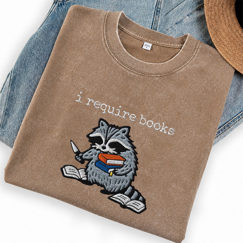Embroidered I Require Books Washed Crew Neck T-Shirt