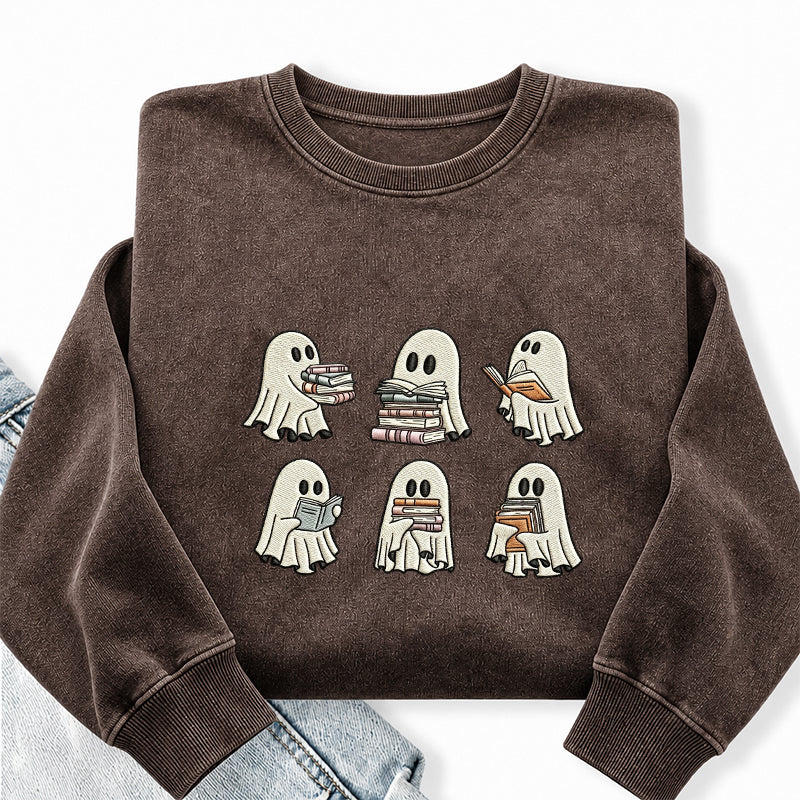 Embroidered Halloween Ghost Book Washed Crewneck Sweatshirt