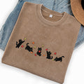 Embroidered Fall Leaves Black Cats Washed Crew Neck T-Shirt