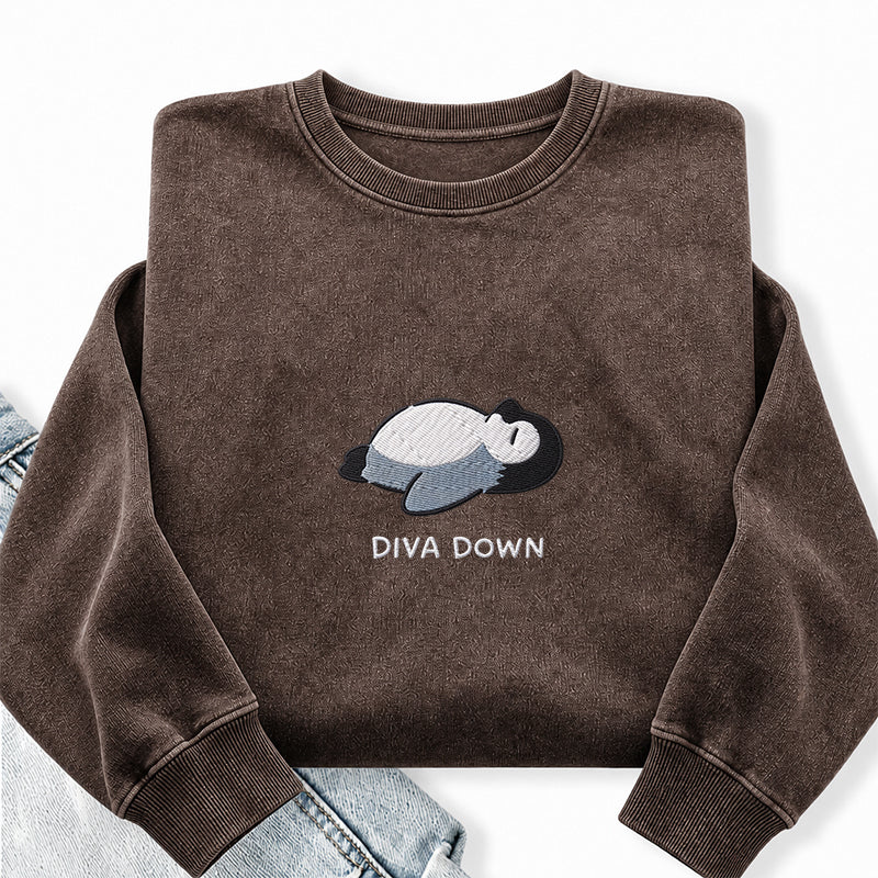 Embroidered Diva Down Penguin Washed Crewneck Sweatshirt