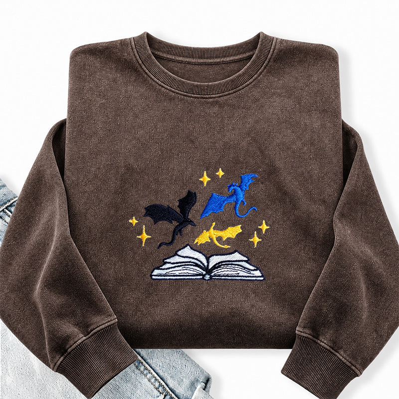 Embroidered Book And Dragons Washed Crewneck Sweatshirt