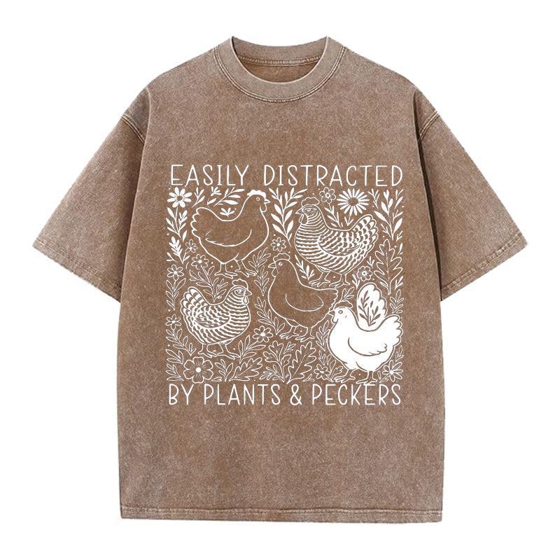 Easily Distracted By Plants and Peckers Washed Crew Neck T-Shirt