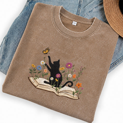 Embroidered Autumn Black Cat Book Washed Crew Neck T-Shirt