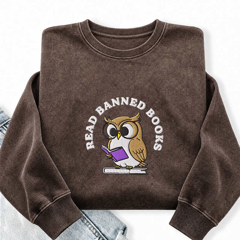 Embroidered Read Banned Books Owl Washed Crewneck Sweatshirt