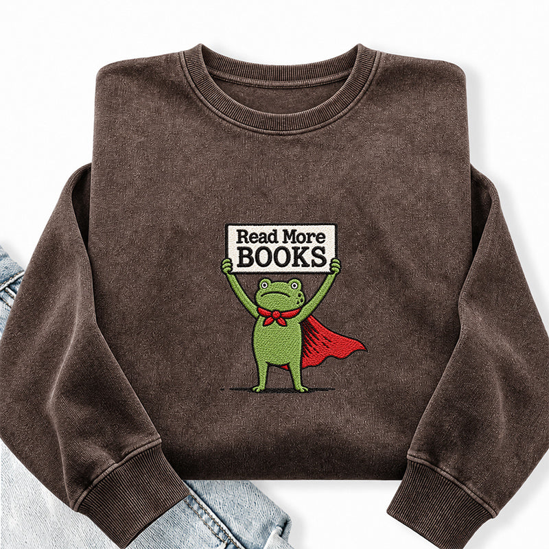 Embroidered Read More Books Frog Washed Crewneck Sweatshirt
