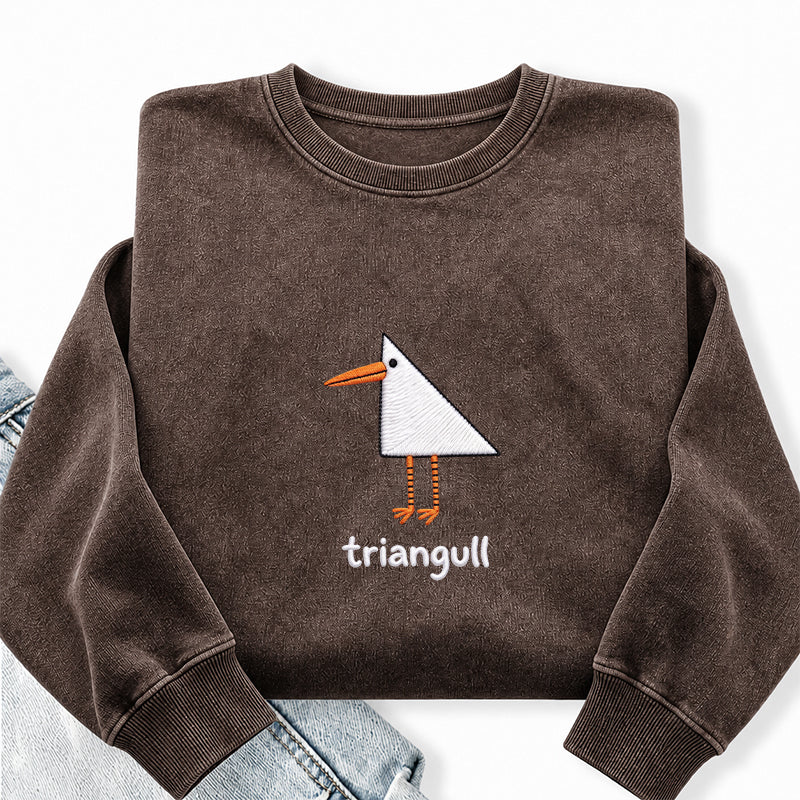 Embroidered Funny Triangull Seagull Washed Crewneck Sweatshirt