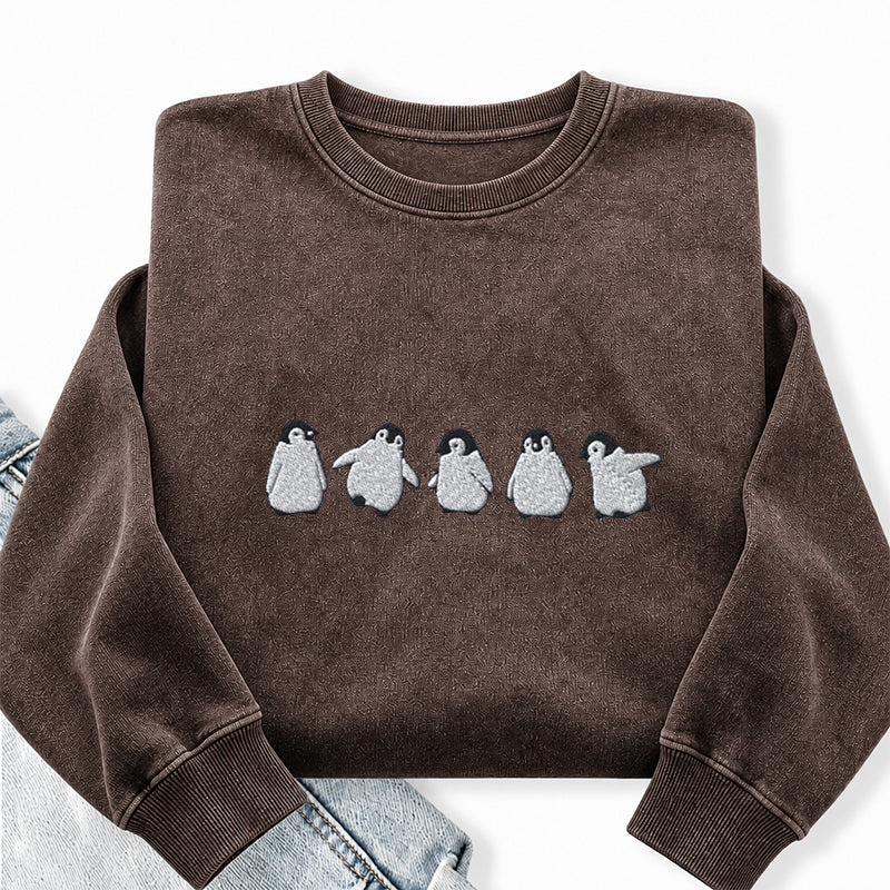 Embroidered Cute Penguins Washed Crewneck Sweatshirt