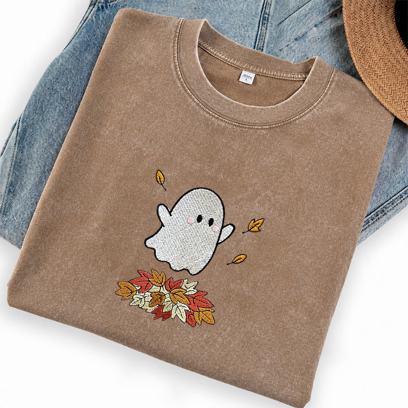 Embroidered Fall Ghost Washed Crew Neck T-Shirt